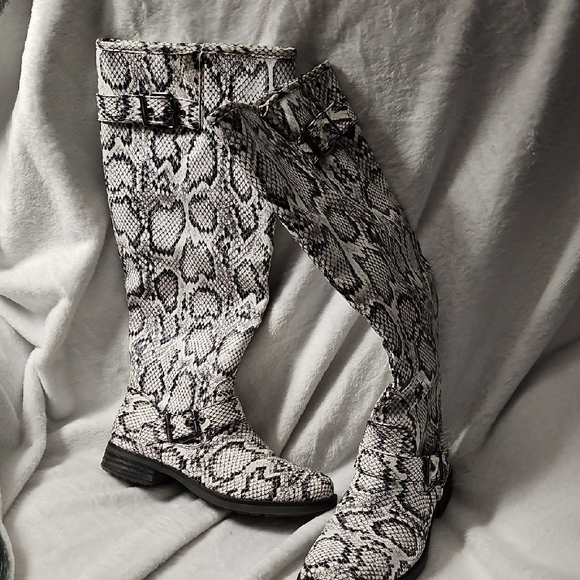 Source Unknown Shoes - Source Unknown Snake Print Combat Boots - Black and Gray